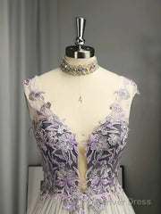 A-Line/Princess V-Neck Tulle Applique Sleeveless Floor-Length Prom Dresses