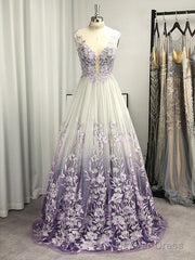 A-Line/Princess V-Neck Tulle Applique Sleeveless Floor-Length Prom Dresses