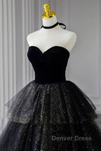 A-Line Prom Dresses Black Dresses Dresses Formal Birthday Floor Length Sleeveless Strapless Tulle With Ruched Sequin