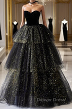 A-Line Prom Dresses Black Dresses Dresses Formal Birthday Floor Length Sleeveless Strapless Tulle With Ruched Sequin