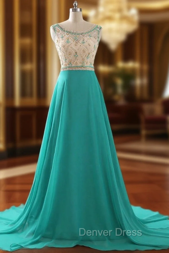A Line Prom Dresses Chiffon Evening Dresses Illusion Sparkly Beading Bodice Prom Dresses Main image