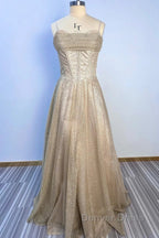 A-Line Prom Dresses Corsets Dresses Wedding Party Sweep / Brush Train Sleeveless Spaghetti Strap Tulle With Glitter Pleats