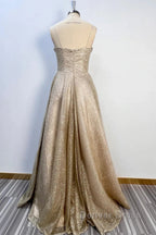 A Line Prom Dress Corsets Dresses Wedding Prom Sweep Brush Train Sleeveless Spaghetti Strap Tulle With Glitter Pleats