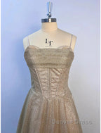 A-Line Prom Dresses Corsets Dresses Wedding Party Sweep / Brush Train Sleeveless Spaghetti Strap Tulle With Glitter Pleats