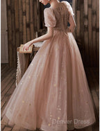 A-Line Prom Dresses Elegant Dresses Engagement Prom Floor Length Half Sleeve Square Neck Satin With Appliques