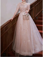 A-Line Prom Dresses Elegant Dresses Engagement Prom Floor Length Half Sleeve Square Neck Satin With Appliques