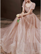 A-Line Prom Dresses Elegant Dresses Engagement Prom Floor Length Half Sleeve Square Neck Satin With Appliques