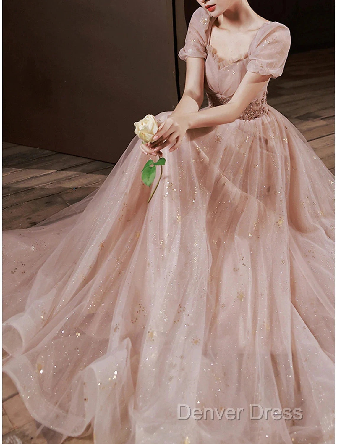 A-Line Prom Dresses Elegant Dresses Engagement Prom Floor Length Half Sleeve Square Neck Satin With Appliques