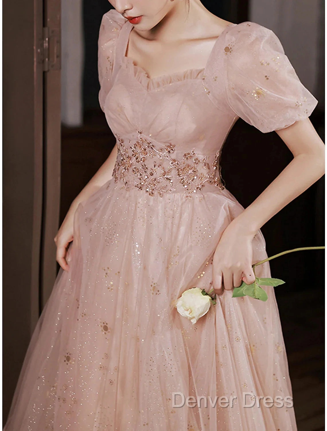 A-Line Prom Dresses Elegant Dresses Engagement Prom Floor Length Half Sleeve Square Neck Satin With Appliques