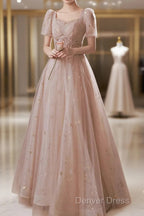 A-Line Prom Dresses Elegant Dresses Engagement Prom Floor Length Half Sleeve Square Neck Satin With Appliques