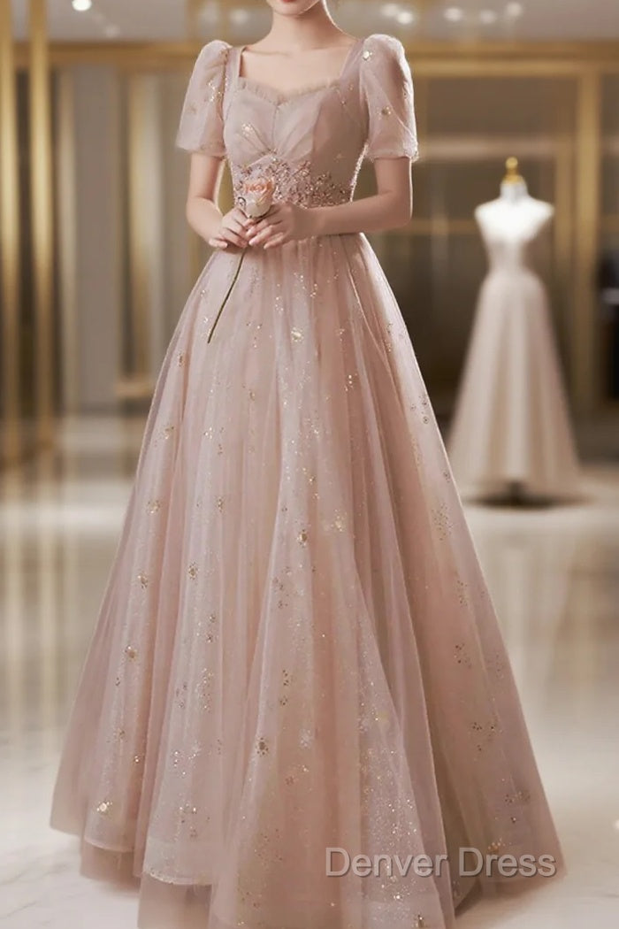 A-Line Prom Dresses Elegant Dresses Engagement Prom Floor Length Half Sleeve Square Neck Satin With Appliques