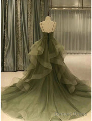 A-Line Prom Dresses Elegant Dress Formal Court Train Christmas Red Green Dress Sleeveless Spaghetti Strap Tulle With Pleats Ruffles