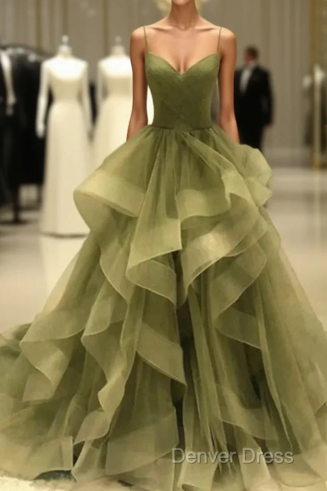 A-Line Prom Dresses Elegant Dresses Formal Court Train Christmas Red Green Dresses Sleeveless Spaghetti Strap Tulle With Pleats Ruffles Main image