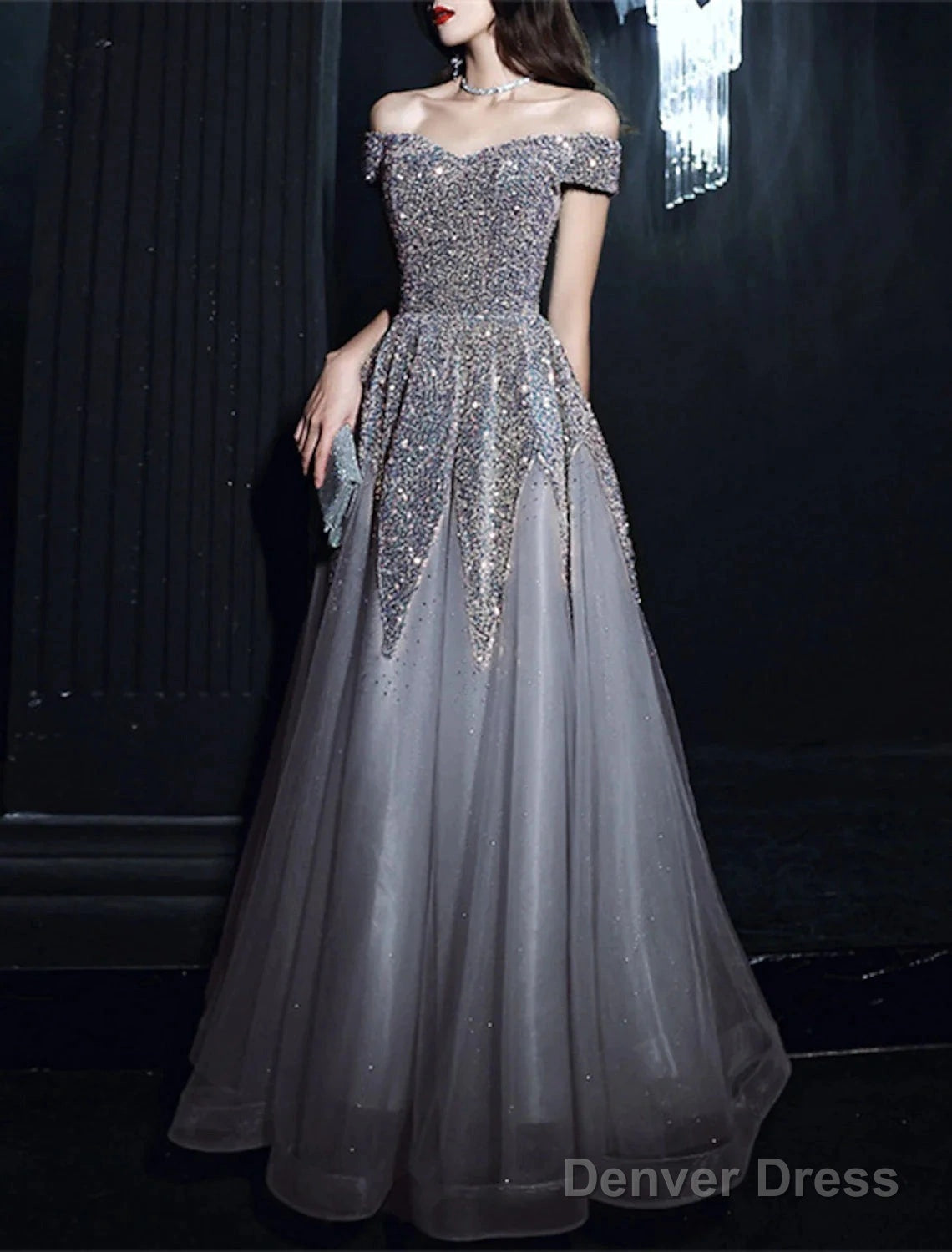 A-Line Prom Dresses Elegant Dress Formal Floor Length Short Sleeve Off Shoulder Polyester With Sequin Secondary image