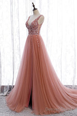 A-Line Prom Dresses Elegant Dress Party Wear Court Train Sleeveless V Neck Polyester With Pearls Embroidery