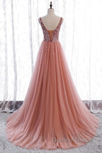 A-Line Prom Dresses Elegant Dresses Party Wear Court Train Sleeveless V Neck Polyester With Pearls Embroidery