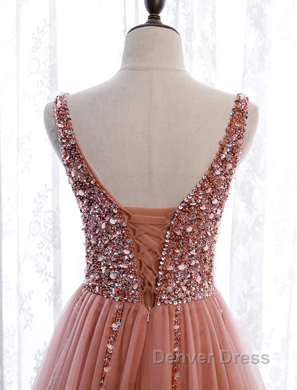 A-Line Prom Dresses Elegant Dresses Party Wear Court Train Sleeveless V Neck Polyester With Pearls Embroidery