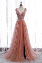 A-Line Prom Dresses Elegant Dresses Party Wear Court Train Sleeveless V Neck Polyester With Pearls Embroidery