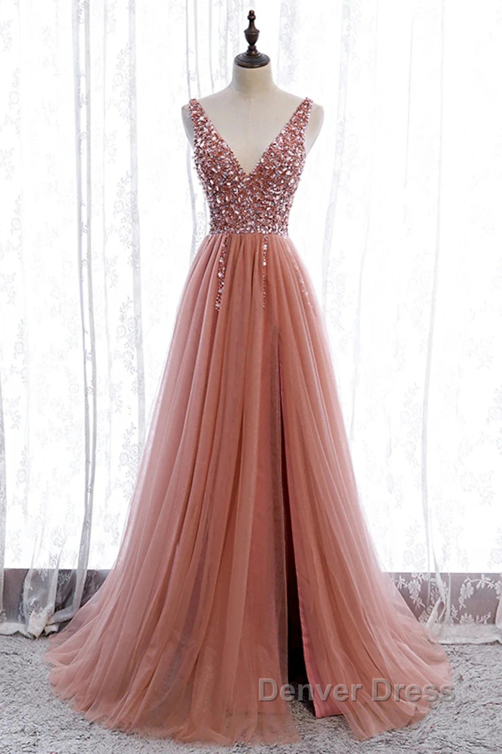 A-Line Prom Dresses Elegant Dresses Party Wear Court Train Sleeveless V Neck Polyester With Pearls Embroidery