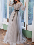 A-Line Prom Dresses Floral Dress Wedding Guest Engagement Sweep / Brush Train Long Sleeve Jewel Neck Tulle With Appliques