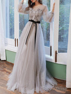 A Line Prom Dress Floral Dresses Wedding Guest Engagement Sweep Brush Train Long Sleeve Jewel Neck Tulle With Appliques