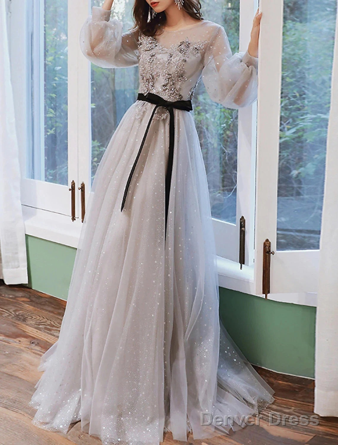 A Line Prom Dress Floral Dresses Wedding Guest Engagement Sweep Brush Train Long Sleeve Jewel Neck Tulle With Appliques