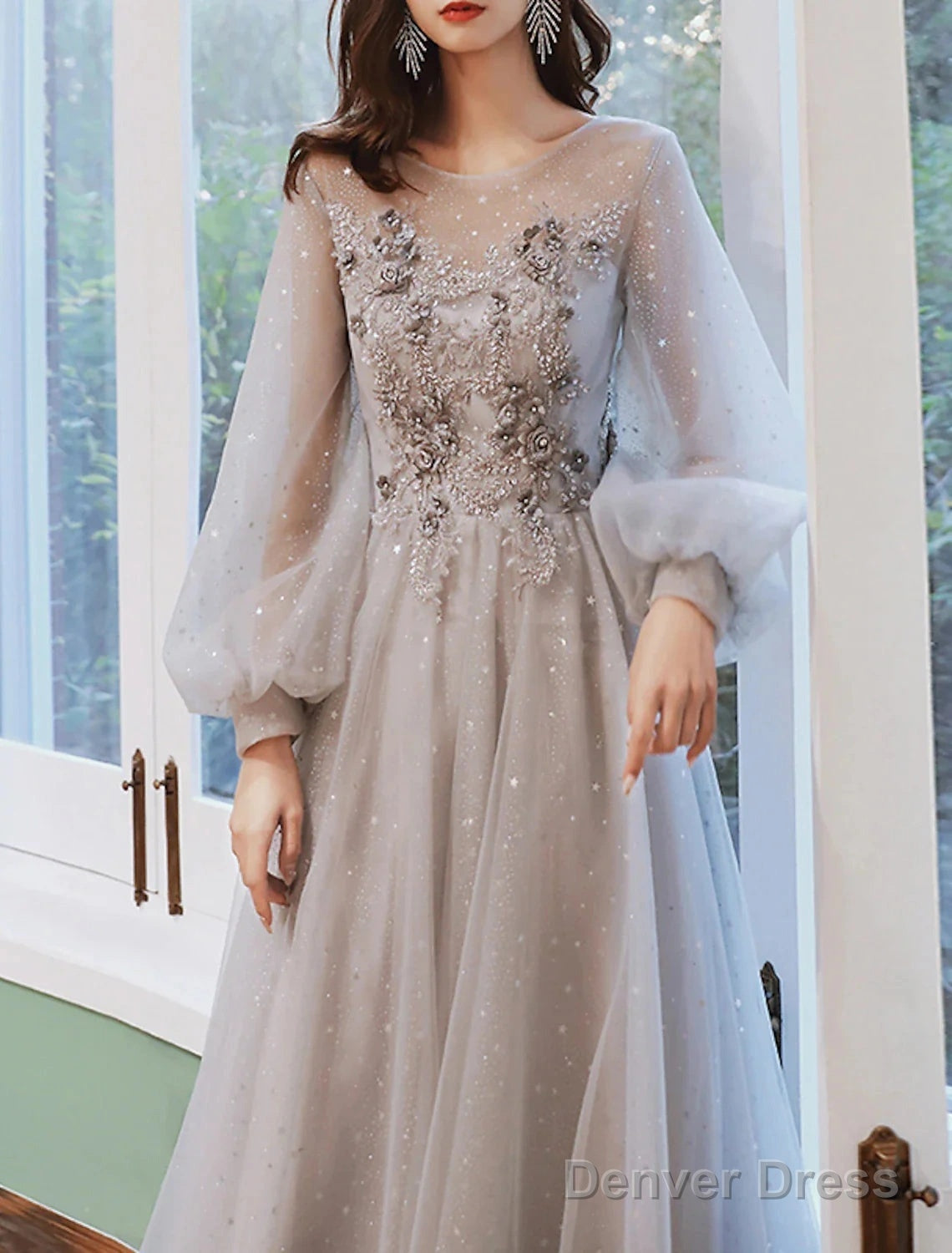 A Line Prom Dress Floral Dresses Wedding Guest Engagement Sweep Brush Train Long Sleeve Jewel Neck Tulle With Appliques