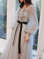 A-Line Prom Dresses Floral Dress Wedding Guest Engagement Sweep / Brush Train Long Sleeve Jewel Neck Tulle With Appliques