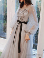 A Line Prom Dress Floral Dresses Wedding Guest Engagement Sweep Brush Train Long Sleeve Jewel Neck Tulle With Appliques