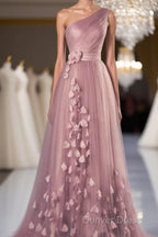 A Line Prom Dress Floral Dresses Wedding Guest Prom Floor Length Sleeveless One Shoulder Tulle With Appliques