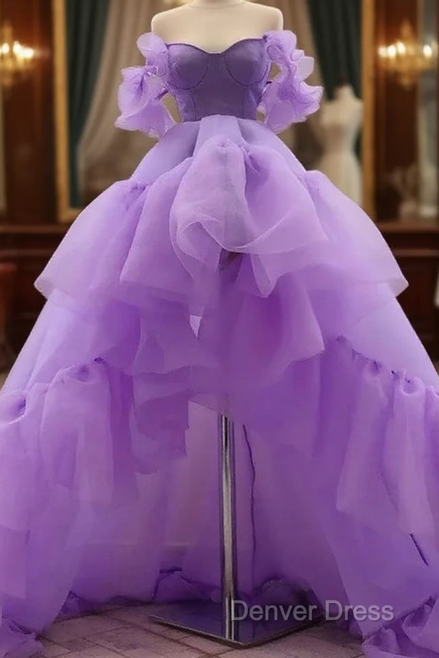 A-Line Prom Dresses High Low Dresses Quinceanera Asymmetrical Purple Short Sleeve Off Shoulder Tulle With Tier Main image
