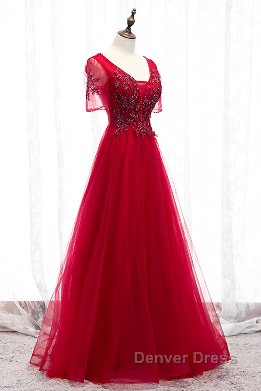 A-Line Prom Dresses Luxurious Dresses Wedding Guest Formal Evening Floor Length Short Sleeve Spaghetti Strap Tulle