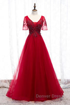 A-Line Prom Dresses Luxurious Dresses Wedding Guest Formal Evening Floor Length Short Sleeve Spaghetti Strap Tulle