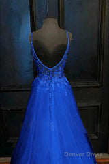 A-Line Prom Dresses Open Back Dress Formal Prom Court Train Sleeveless V Neck Tulle Backless V Back With Beading Appliques