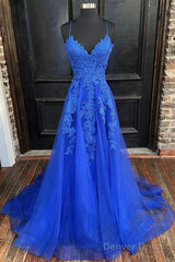 A-Line Prom Dresses Open Back Dress Formal Prom Court Train Sleeveless V Neck Tulle Backless V Back With Beading Appliques