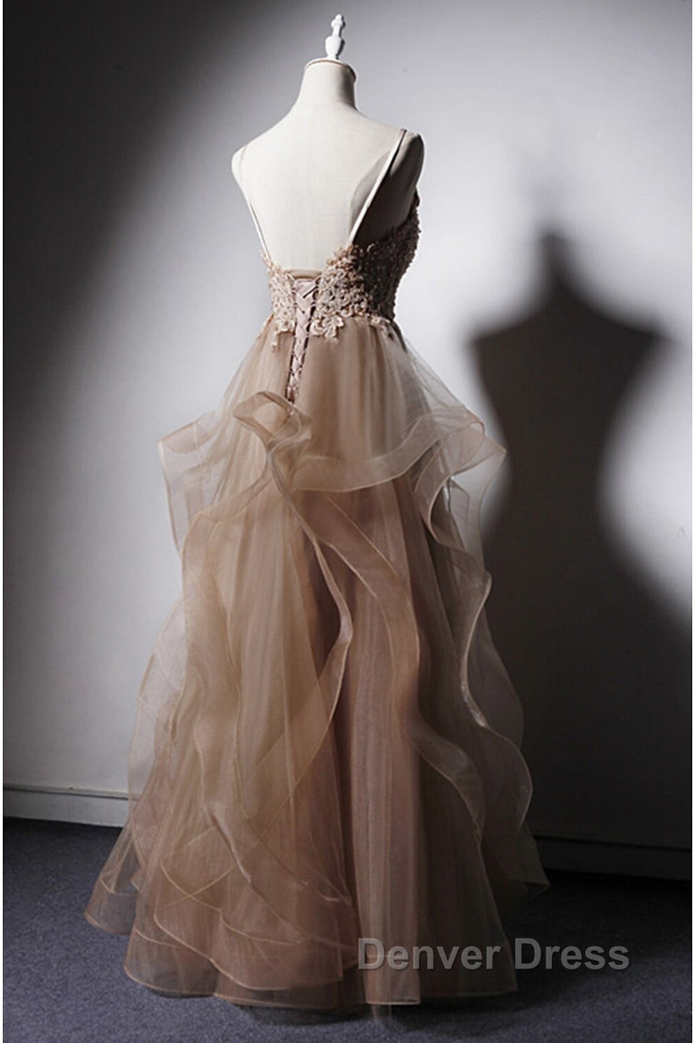 A-Line Prom Dresses Open Back Dresses Formal Wedding Party Floor Length Sleeveless Spaghetti Strap Lace With Ruffles Appliques Secondary image