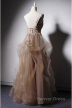 A-Line Prom Dresses Open Back Dresses Formal Wedding Party Floor Length Sleeveless Spaghetti Strap Lace With Ruffles Appliques