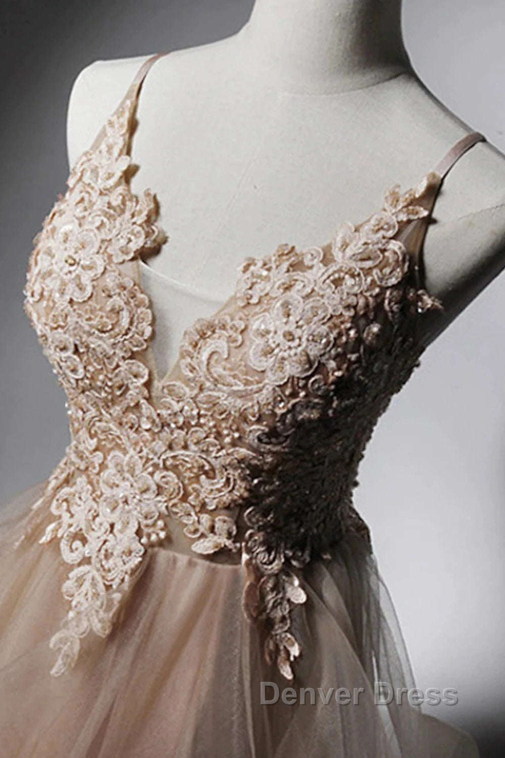 A-Line Prom Dresses Open Back Dresses Formal Wedding Party Floor Length Sleeveless Spaghetti Strap Lace With Ruffles Appliques