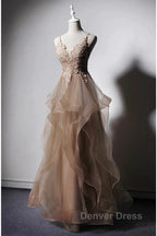 A-Line Prom Dresses Open Back Dresses Formal Wedding Party Floor Length Sleeveless Spaghetti Strap Lace With Ruffles Appliques