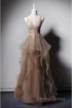 A-Line Prom Dresses Open Back Dresses Formal Wedding Party Floor Length Sleeveless Spaghetti Strap Lace With Ruffles Appliques