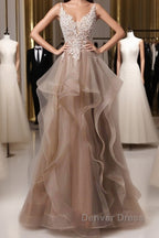 A-Line Prom Dresses Open Back Dresses Formal Wedding Party Floor Length Sleeveless Spaghetti Strap Lace With Ruffles Appliques