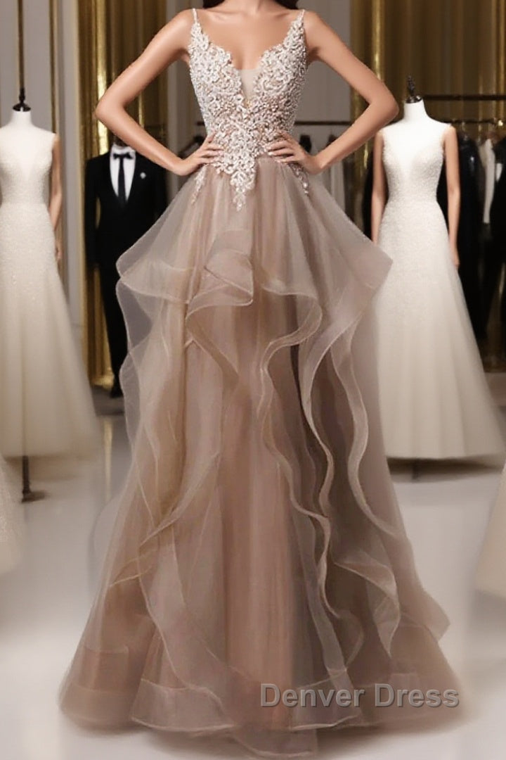 A Line Prom Dress Open Back Dresses Prom Wedding Prom Floor Length Sleeveless Spaghetti Strap Lace With Ruffles Appliques Main image