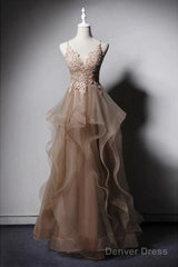 A-Line Prom Dresses Open Back Dress Formal Wedding Party Floor Length Sleeveless Spaghetti Strap Lace With Ruffles Appliques