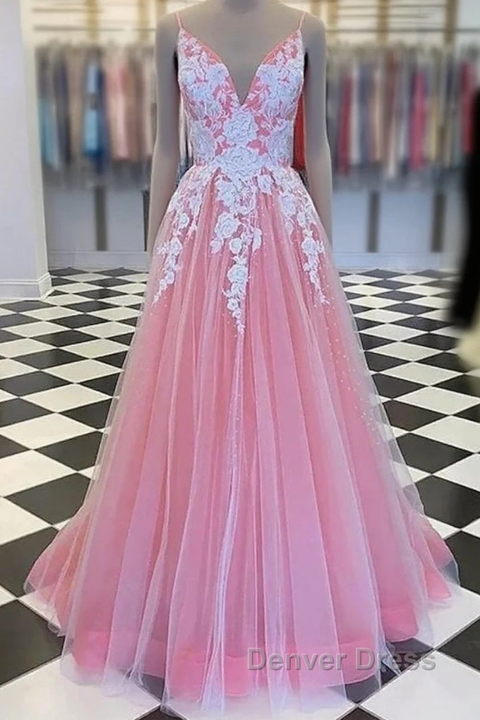 A-Line Prom Dresses Princess Dresses Formal Floor Length Sleeveless V Neck Tulle With Pleats Appliques Main image