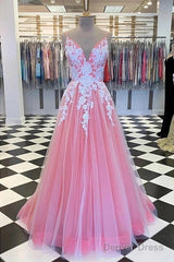 A-Line Prom Dresses Princess Dress Formal Floor Length Sleeveless V Neck Tulle With Pleats Appliques