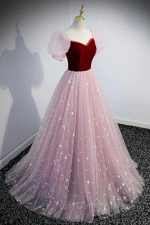 A-Line Prom Dresses Princess Dresses Prom Floor Length Short Sleeve Sweetheart Tulle With Sequin Secondary image