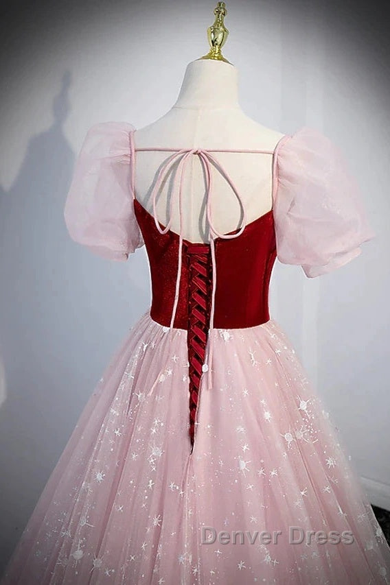 A-Line Prom Dresses Princess Dresses Prom Floor Length Short Sleeve Sweetheart Tulle With Sequin