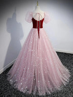 A-Line Prom Dresses Princess Dresses Prom Floor Length Short Sleeve Sweetheart Tulle With Sequin