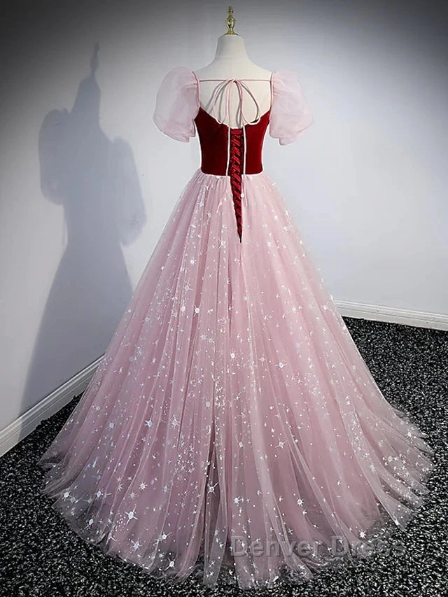 A-Line Prom Dresses Princess Dresses Prom Floor Length Short Sleeve Sweetheart Tulle With Sequin