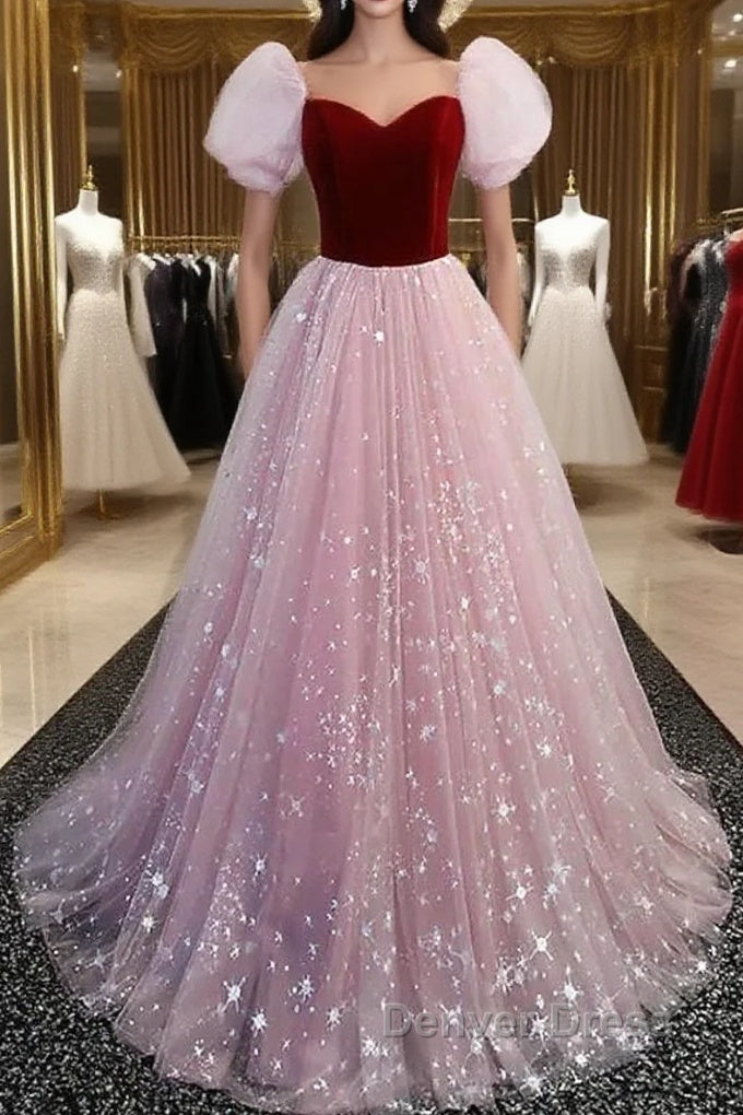 A-Line Prom Dresses Princess Dresses Prom Floor Length Short Sleeve Sweetheart Tulle With Sequin Main image